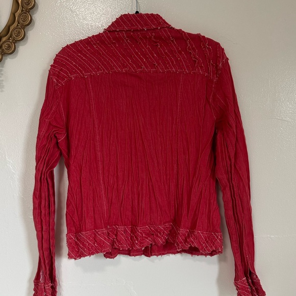 Vintage Rhonda Stark Red Crinkle Lightweight Shirt Jacket,  Raw Edge Detail, Lg - Picture 3 of 8